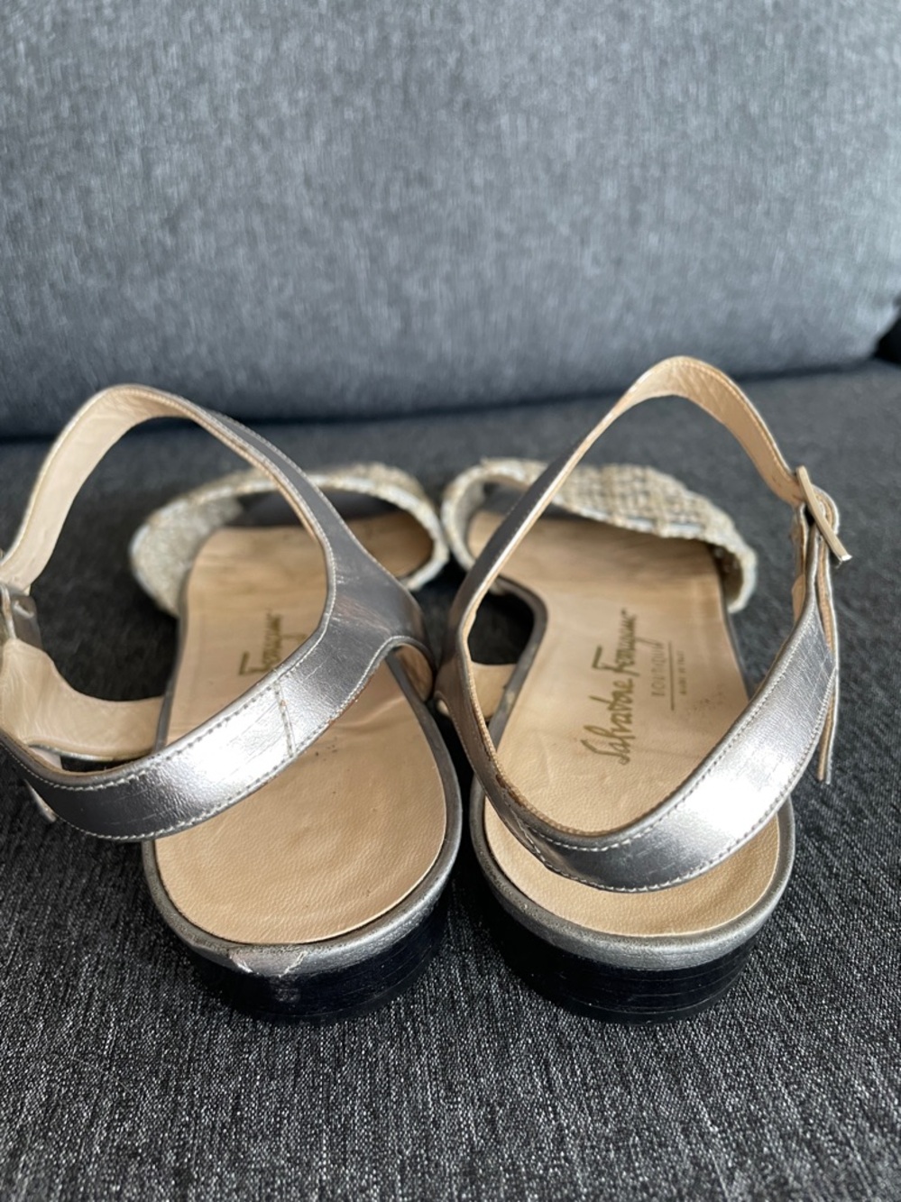 Salvatore Ferragamo sandals 8,5 narrow silver all leather with linen rope wave - Picture 6 of 7
